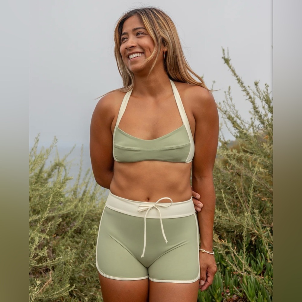 NWT Seea Becca Bikini Top and Nico Surf Short in Cream and Cottage Green